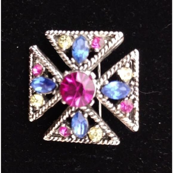 Vintage Maltese Cross Silver Tone Pin with Pink, Blue and Yellow Stones - Picture 2 of 5